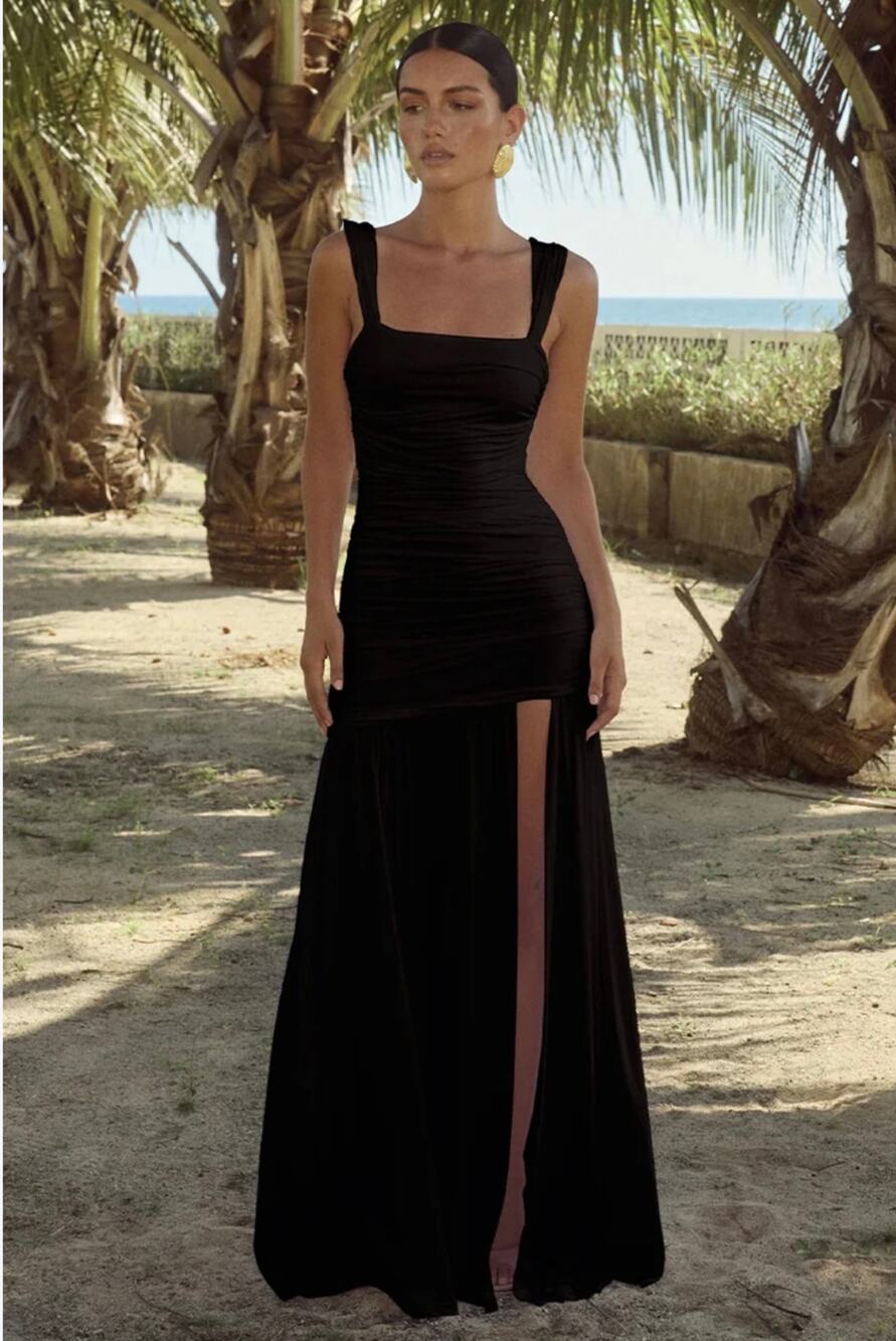Runaway The Label Carly Maxi Dress M Black Ruched Square Neck High Slit Formal